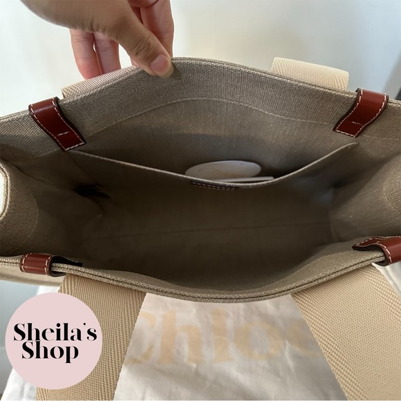 NWT Chloe Woody Medium Tote Bag Leather-Trimmed Canvas White & Brown - Picture 9 of 10